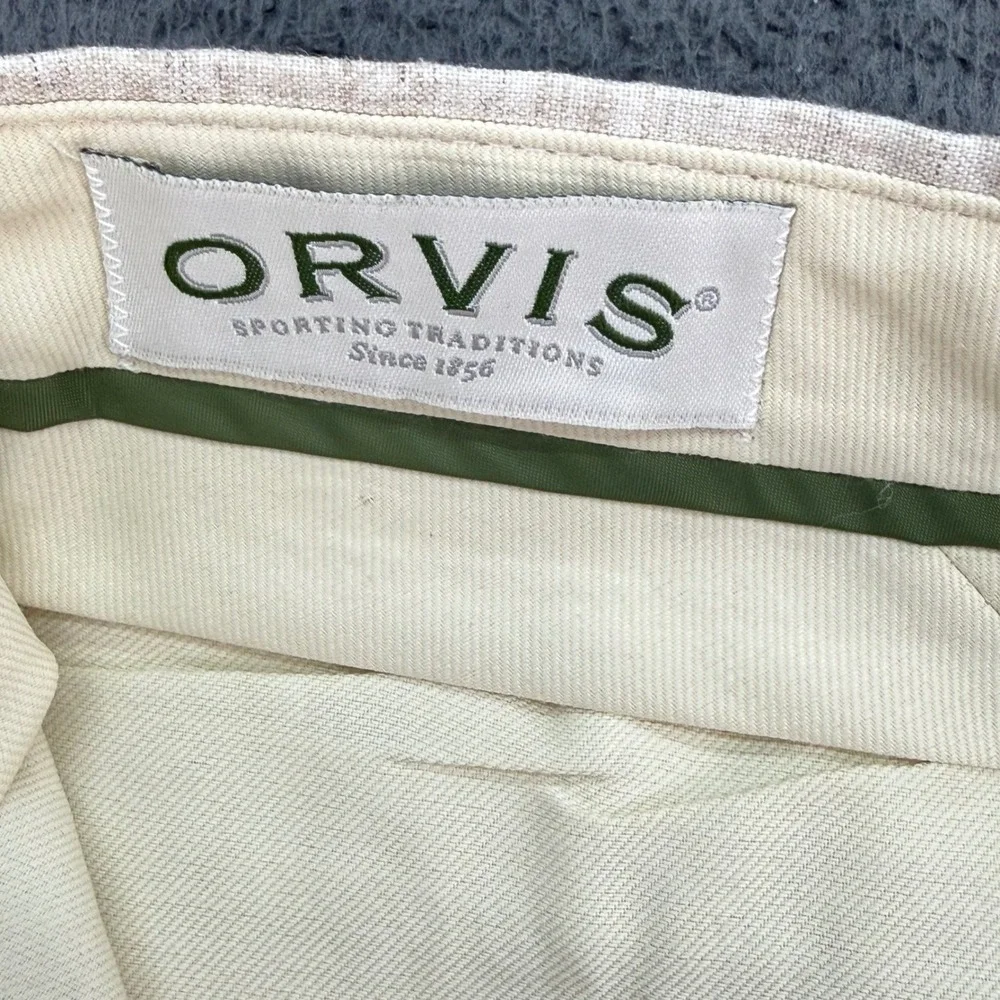 Orvis‎ Dress Pants Mens 44 Beige Linen Blend Pleated Made in USA Trousers